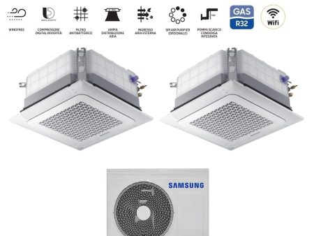 Climatizzatore Condizionatore Samsung Dual Split Inverter Cassetta 4 Vie Mini Windfree 12+18 con AJ068TXJ3KG EU R-32 12000+18000 Wi-Fi Optional con Griglia Inclusa Sale